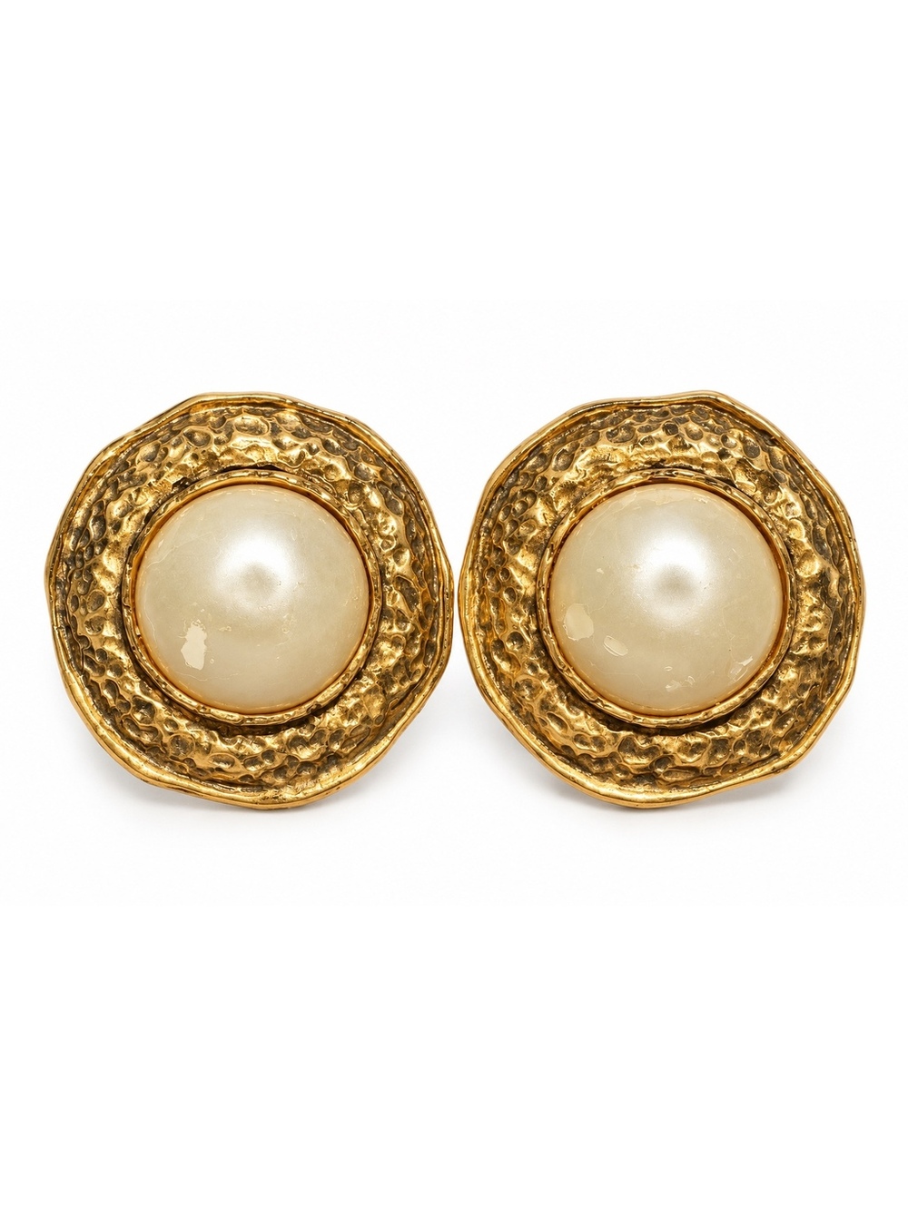 Chanel Vintage Hammered Gold Faux Pearl Clip-On Earrings